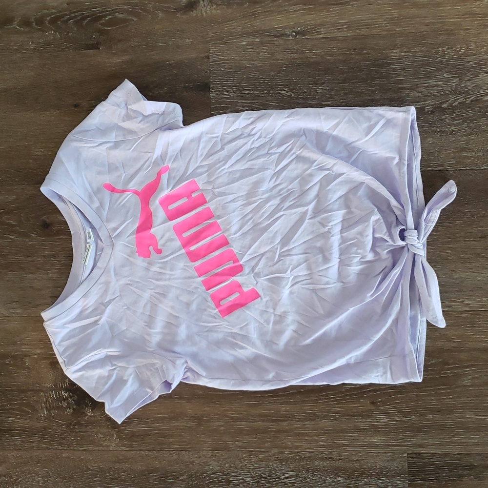 NWOT Girls Puma Tie-front T-Shirt Tee, Size M 7/8 Lavender Purple Pink Graphic